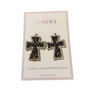 Myra Bag‎ Black and Silver Beaded Cross Earrings